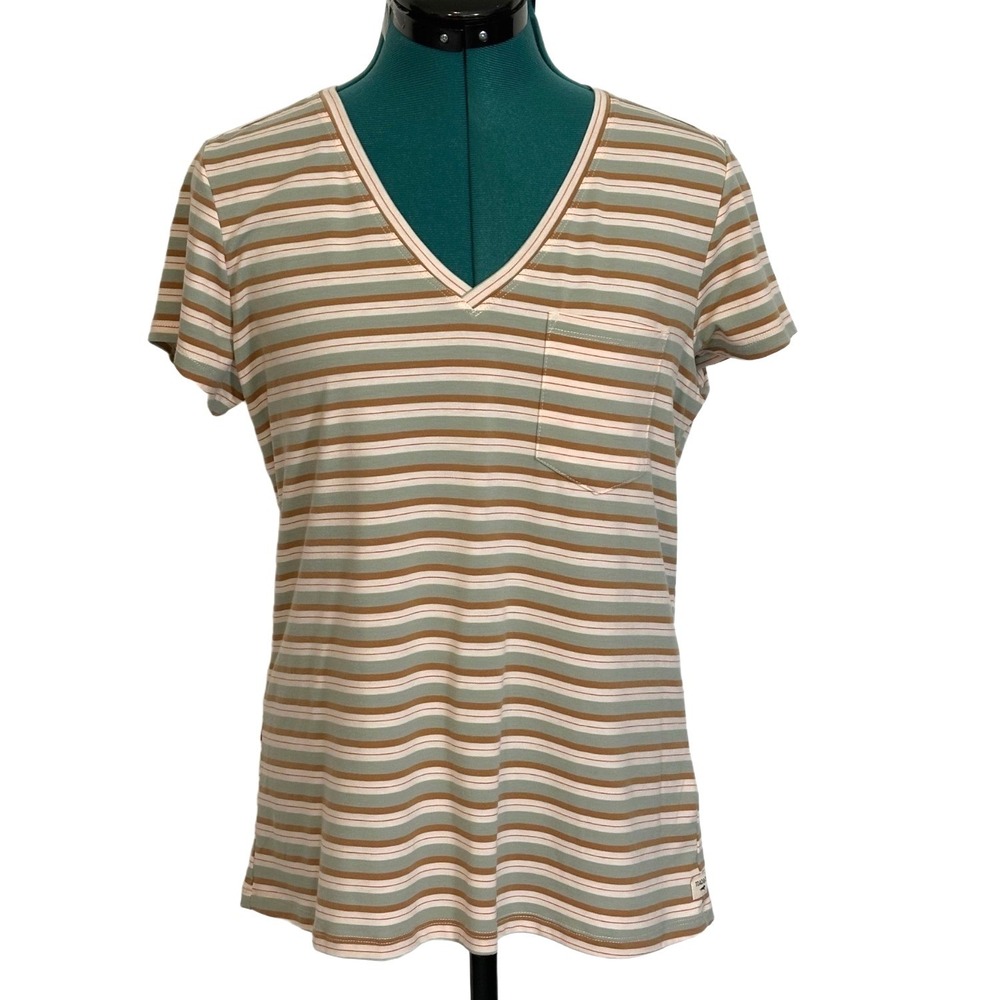 Toad&Co Swifty Pocket Tee Striped V-Neck Size M Green Brown Outdoor Casual